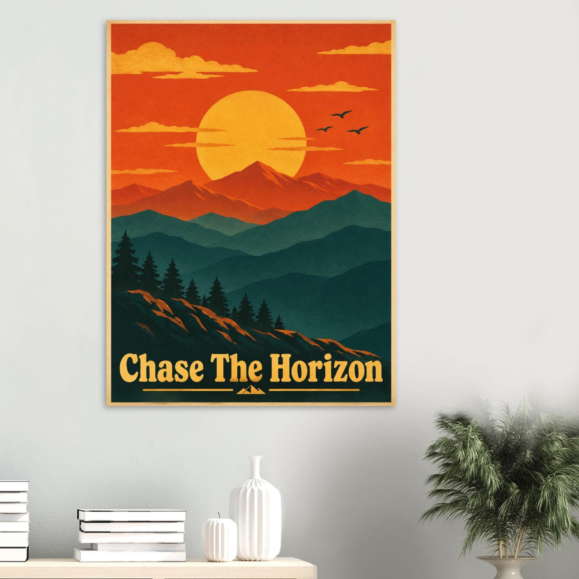 Chase The Horizon Retro Sunset Poster, Mountain Wall Art, Vintage Travel Print, Minimalist Landscape Poster, Inspirational Wall Decor | Etsy product mockup