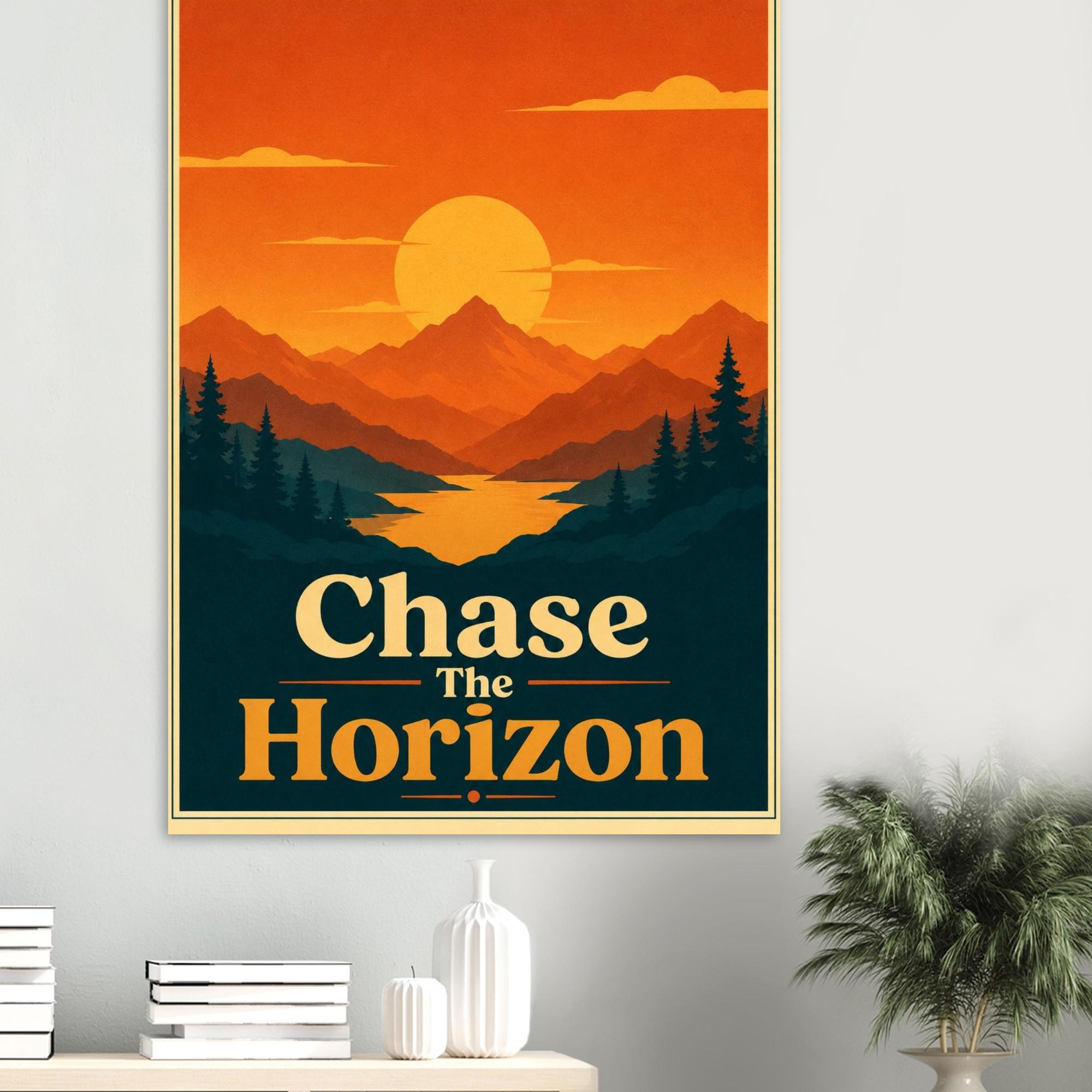 Chase The Horizon Retro Sunset Poster, Mountain Wall Art, Vintage Travel Print, Minimalist Landscape Poster, Inspirational Wall Decor | Etsy product mockup