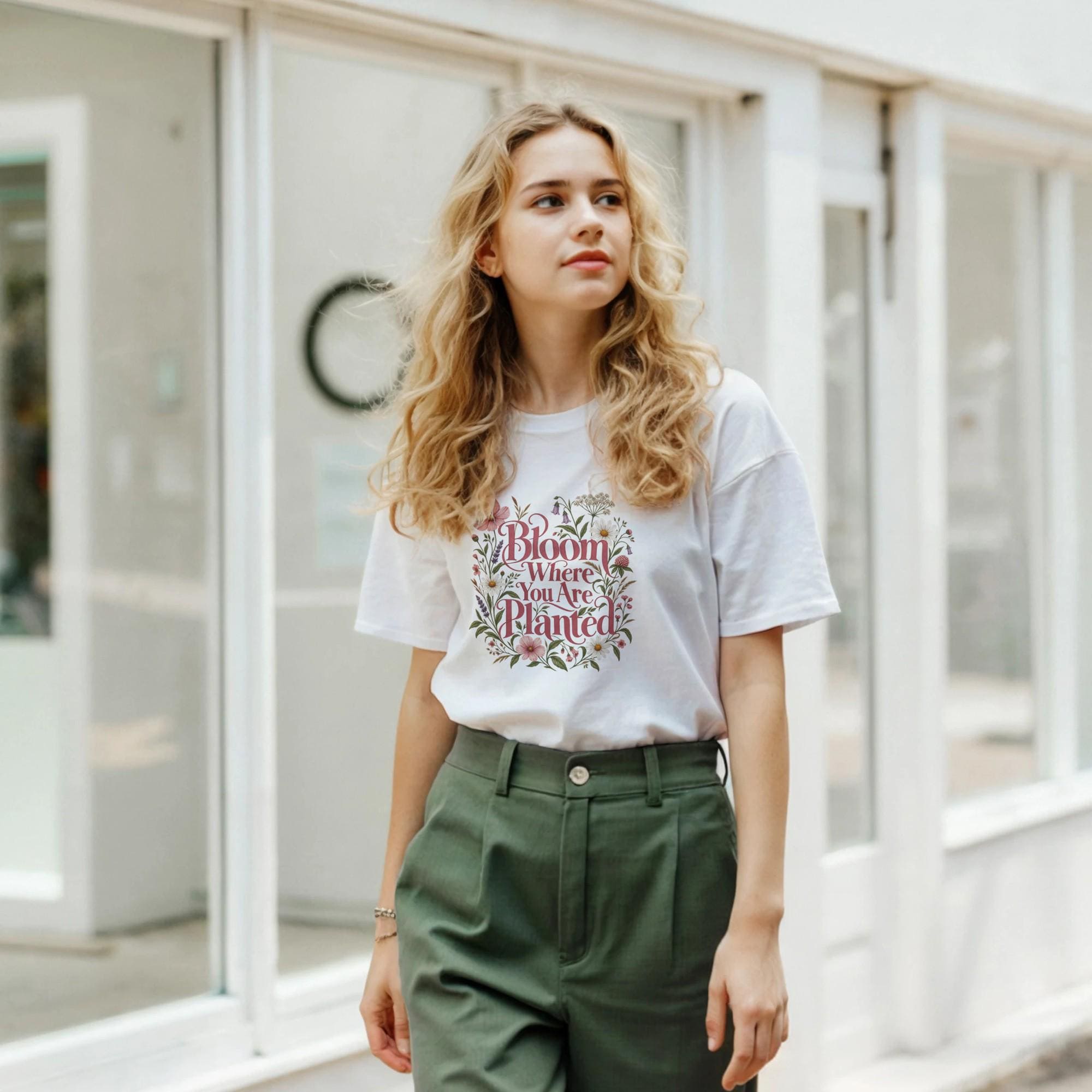 Bloom Where You Are Planted Shirt, Floral Typography Tee, Women's Motivational T-Shirt, Self Love Shirt, Wildflower Graphic Tee | Etsy product mockup