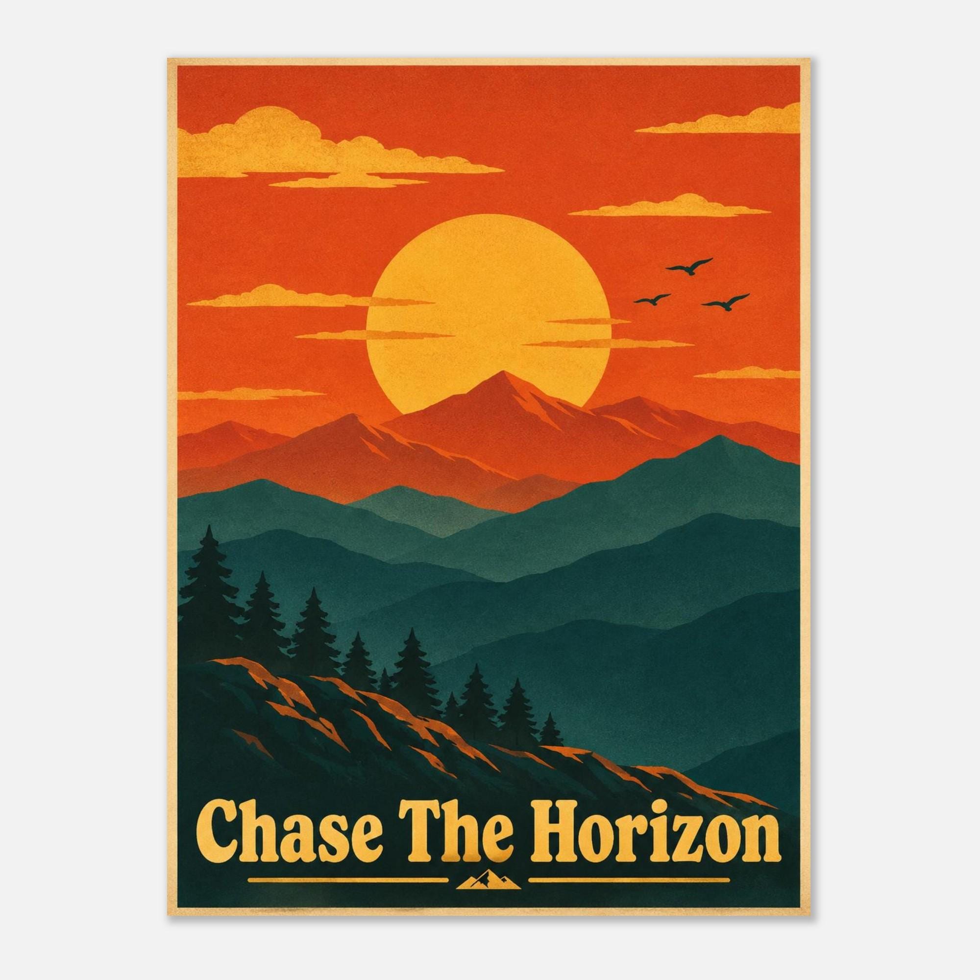 Chase The Horizon Retro Sunset Poster, Mountain Wall Art, Vintage Travel Print, Minimalist Landscape Poster, Inspirational Wall Decor | Etsy product mockup