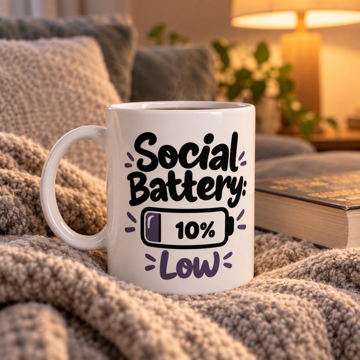 Social Battery Low Mug with Funny Battery Icon for Introverts Who Need Space | Etsy product mockup