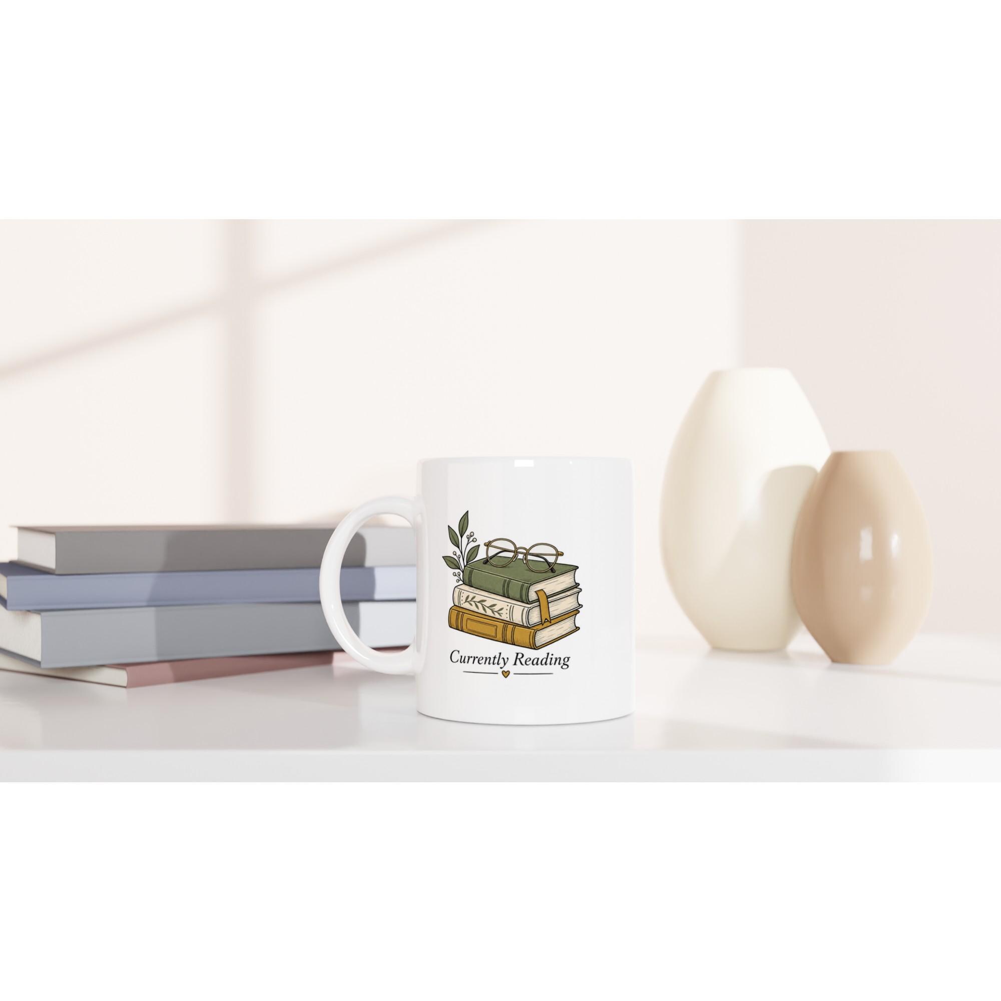 Currently Reading Mug, Book Lover Coffee Mug, Cozy Reader Gift Mug, Bookish Aesthetic Cup, Book Stack Coffee Mug | Etsy product mockup
