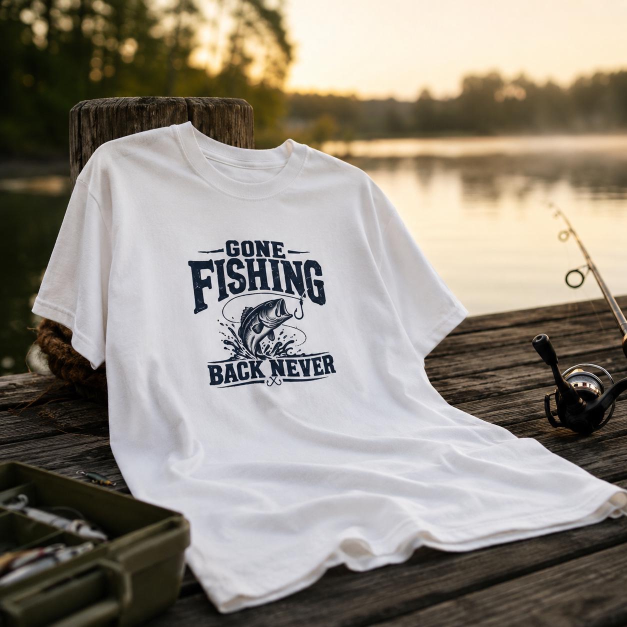 Gone Fishing Back Never Shirt for Dads Who'd Rather Be at the Lake | Etsy product mockup