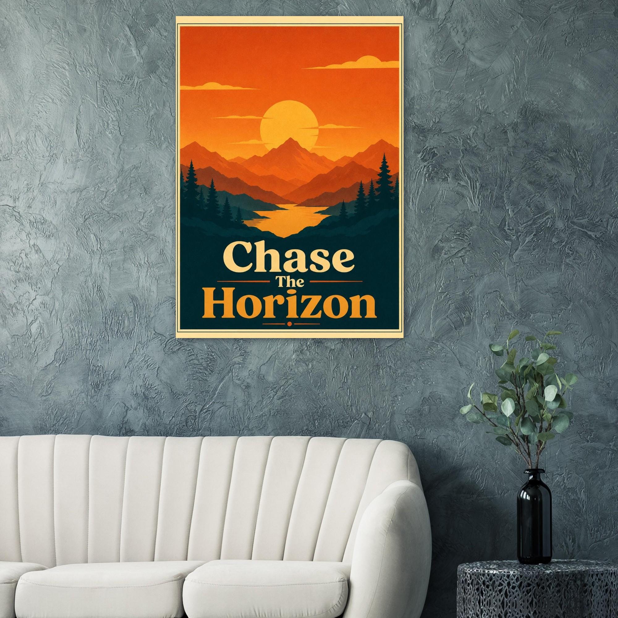 Chase The Horizon Retro Sunset Poster, Mountain Wall Art, Vintage Travel Print, Minimalist Landscape Poster, Inspirational Wall Decor | Etsy product mockup