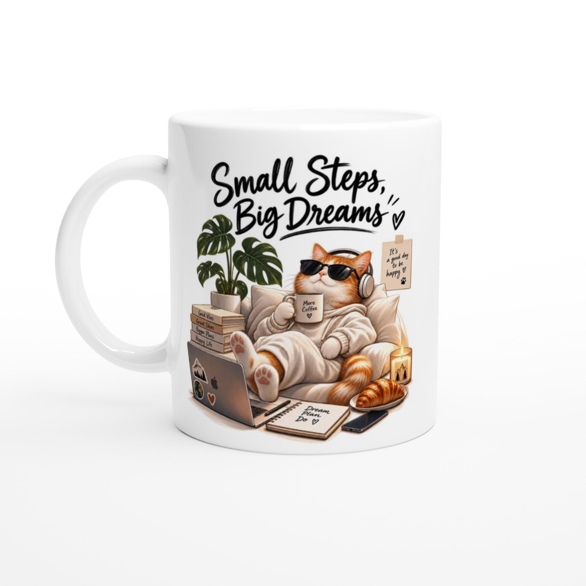 Small Steps Big Dreams Mug, Cozy Cat Coffee Mug, Motivational Cat Lover Gift, Cute Cat Illustration Mug, Work From Home Mug | Etsy product mockup