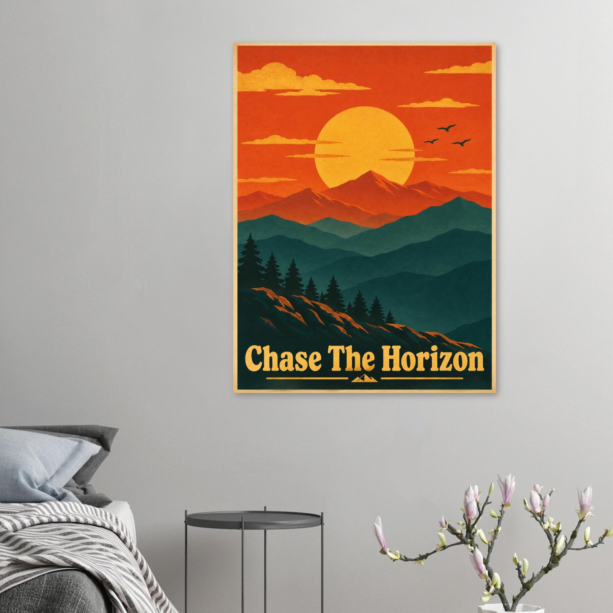 Chase The Horizon Retro Sunset Poster, Mountain Wall Art, Vintage Travel Print, Minimalist Landscape Poster, Inspirational Wall Decor | Etsy product mockup