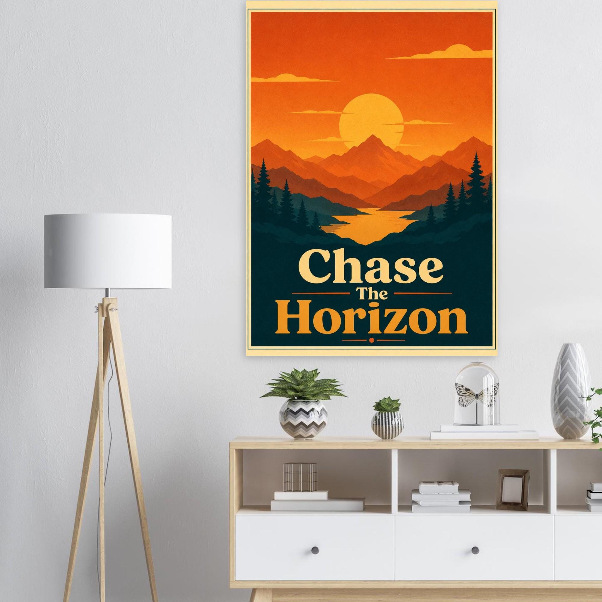 Chase The Horizon Retro Sunset Poster, Mountain Wall Art, Vintage Travel Print, Minimalist Landscape Poster, Inspirational Wall Decor | Etsy product mockup