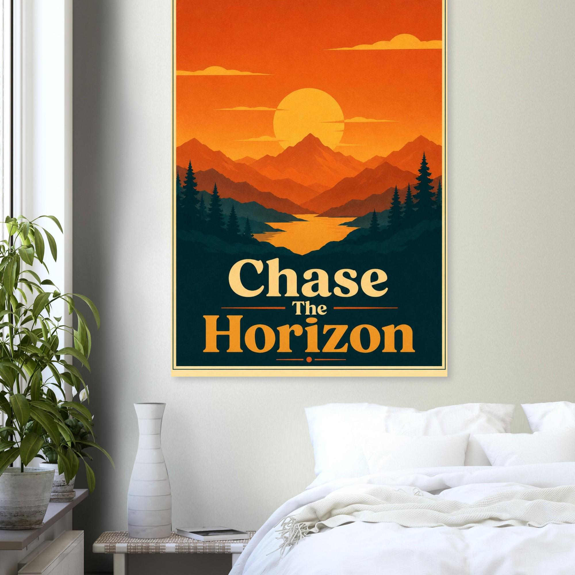 Chase The Horizon Retro Sunset Poster, Mountain Wall Art, Vintage Travel Print, Minimalist Landscape Poster, Inspirational Wall Decor | Etsy product mockup