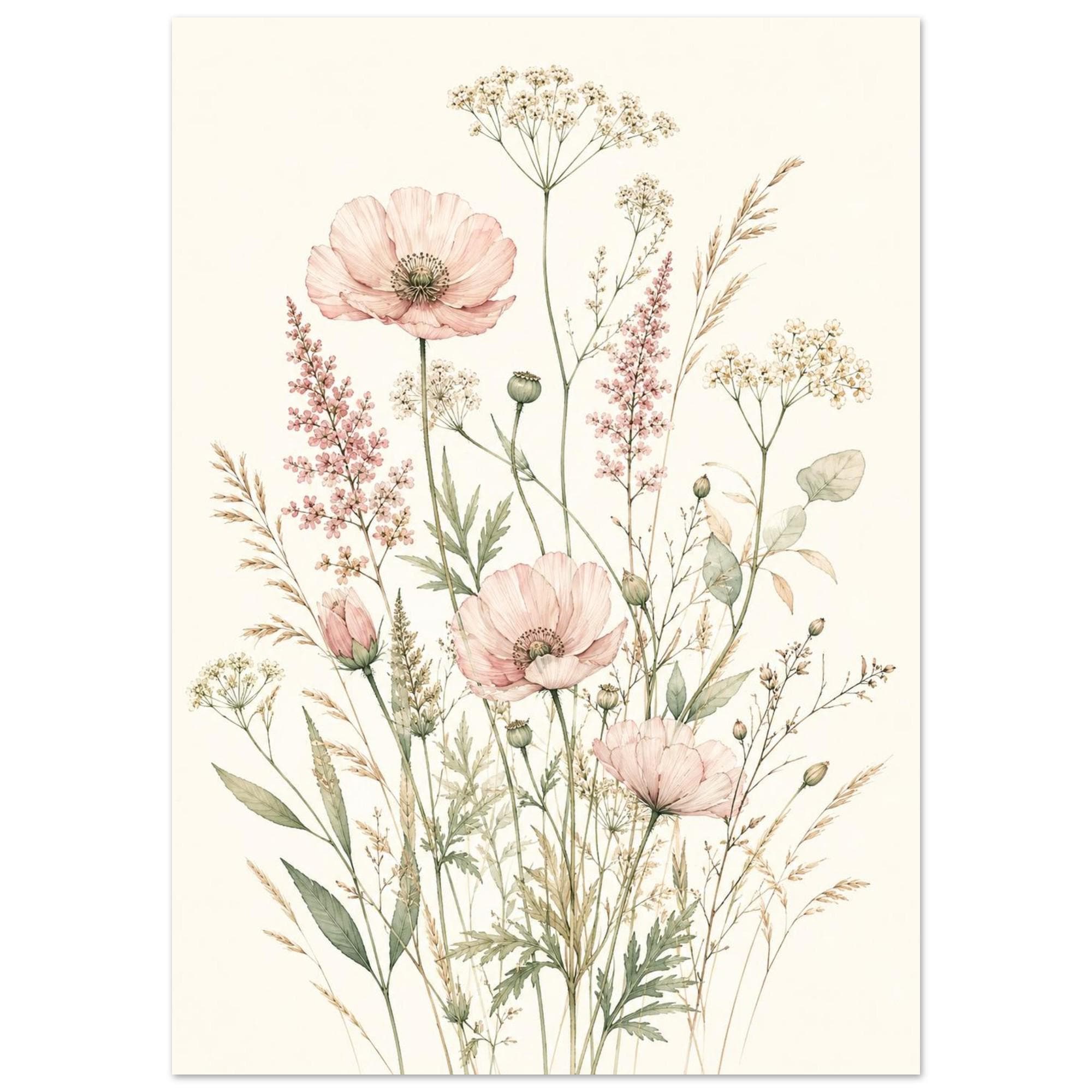 Wildflower Botanical Poster, Pastel Watercolor Wall Art, Sage Green Floral Print, Boho Nursery Decor, Minimalist Flower Wall Art | Etsy product mockup