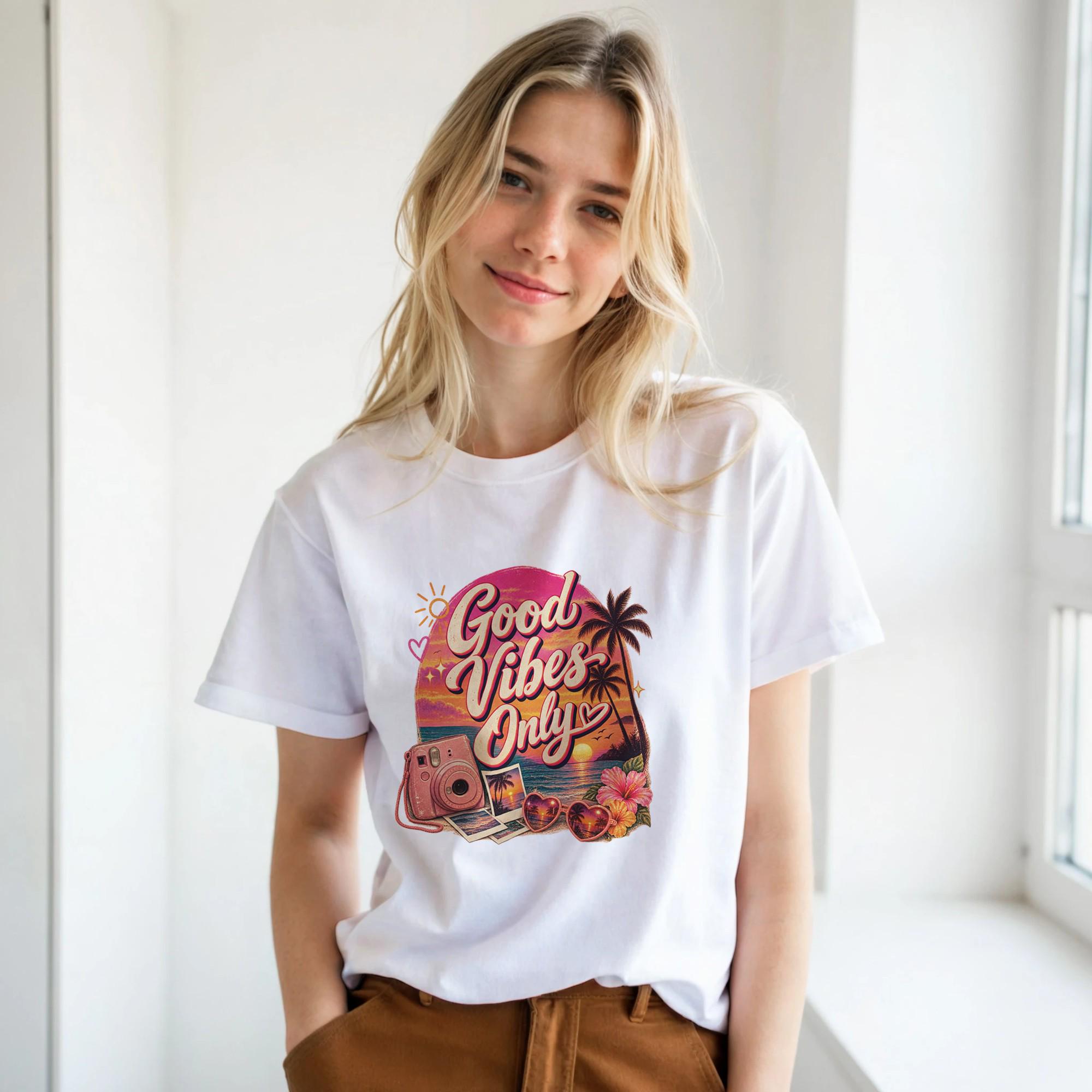 Good Vibes Only Retro Shirt, 2016 Aesthetic Tee, Nostalgic Sunset Graphic T-Shirt, Trendy Women's Tee, Retro Vibe Shirt | Etsy product mockup