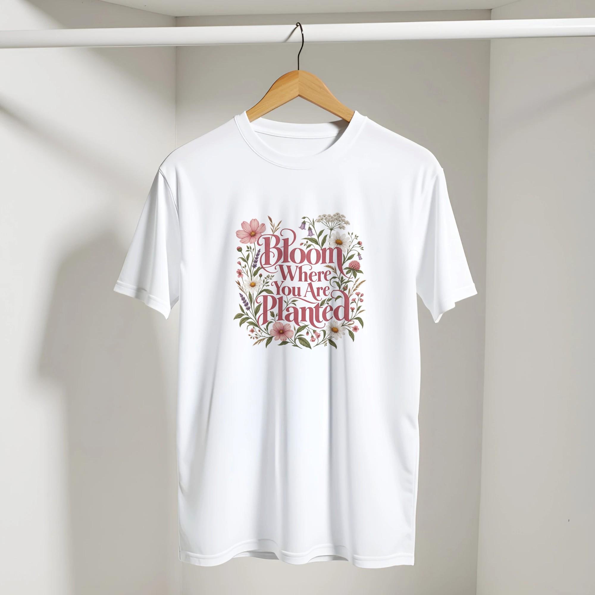 Bloom Where You Are Planted Shirt, Floral Typography Tee, Women's Motivational T-Shirt, Self Love Shirt, Wildflower Graphic Tee | Etsy product mockup
