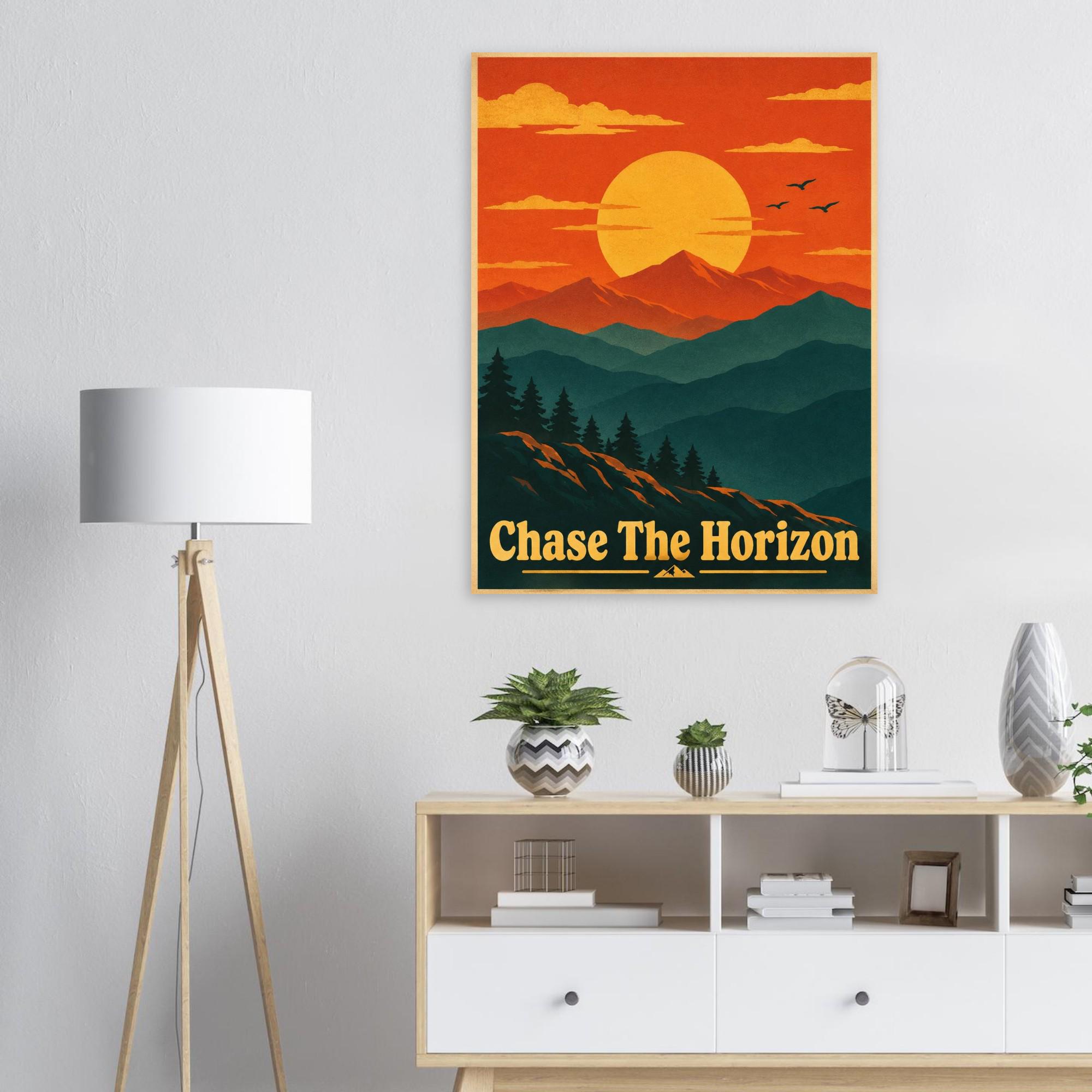 Chase The Horizon Retro Sunset Poster, Mountain Wall Art, Vintage Travel Print, Minimalist Landscape Poster, Inspirational Wall Decor | Etsy product mockup