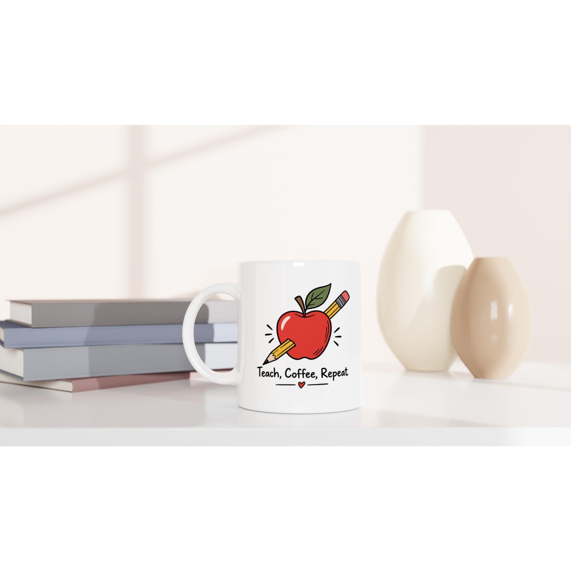 Teach Coffee Repeat Mug, Teacher Coffee Mug Gift, Cute Teacher Appreciation Mug, Minimalist Apple Mug, Teacher Gift Coffee Cup | Etsy product mockup