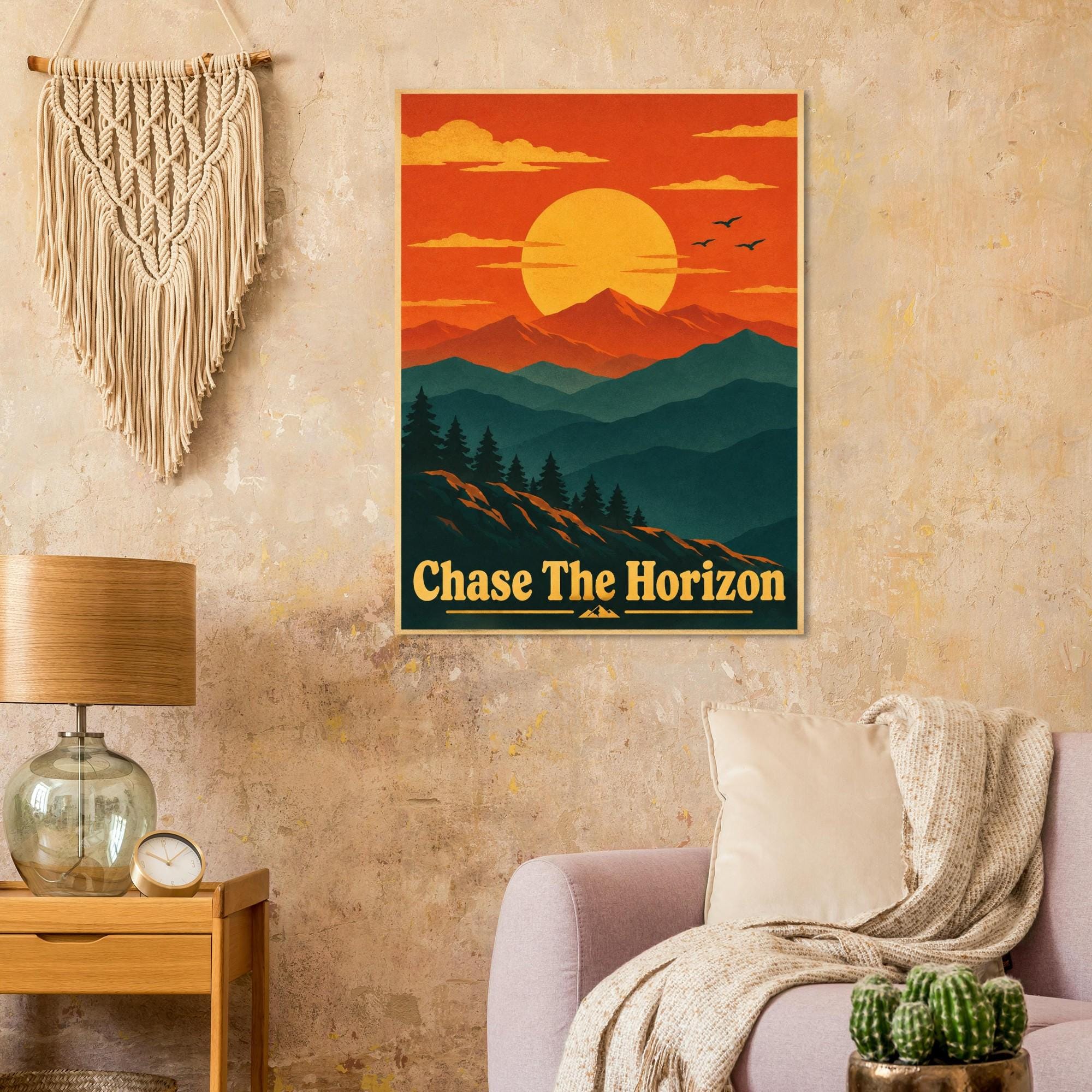 Chase The Horizon Retro Sunset Poster, Mountain Wall Art, Vintage Travel Print, Minimalist Landscape Poster, Inspirational Wall Decor | Etsy product mockup