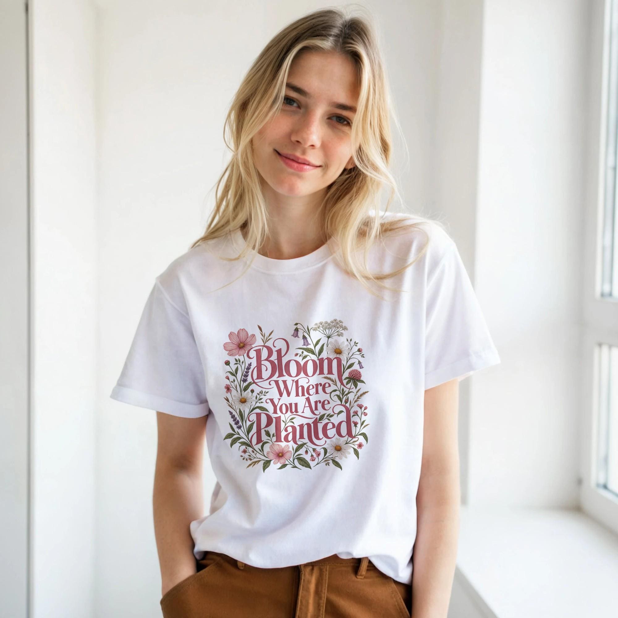 Bloom Where You Are Planted Shirt, Floral Typography Tee, Women's Motivational T-Shirt, Self Love Shirt, Wildflower Graphic Tee | Etsy product mockup