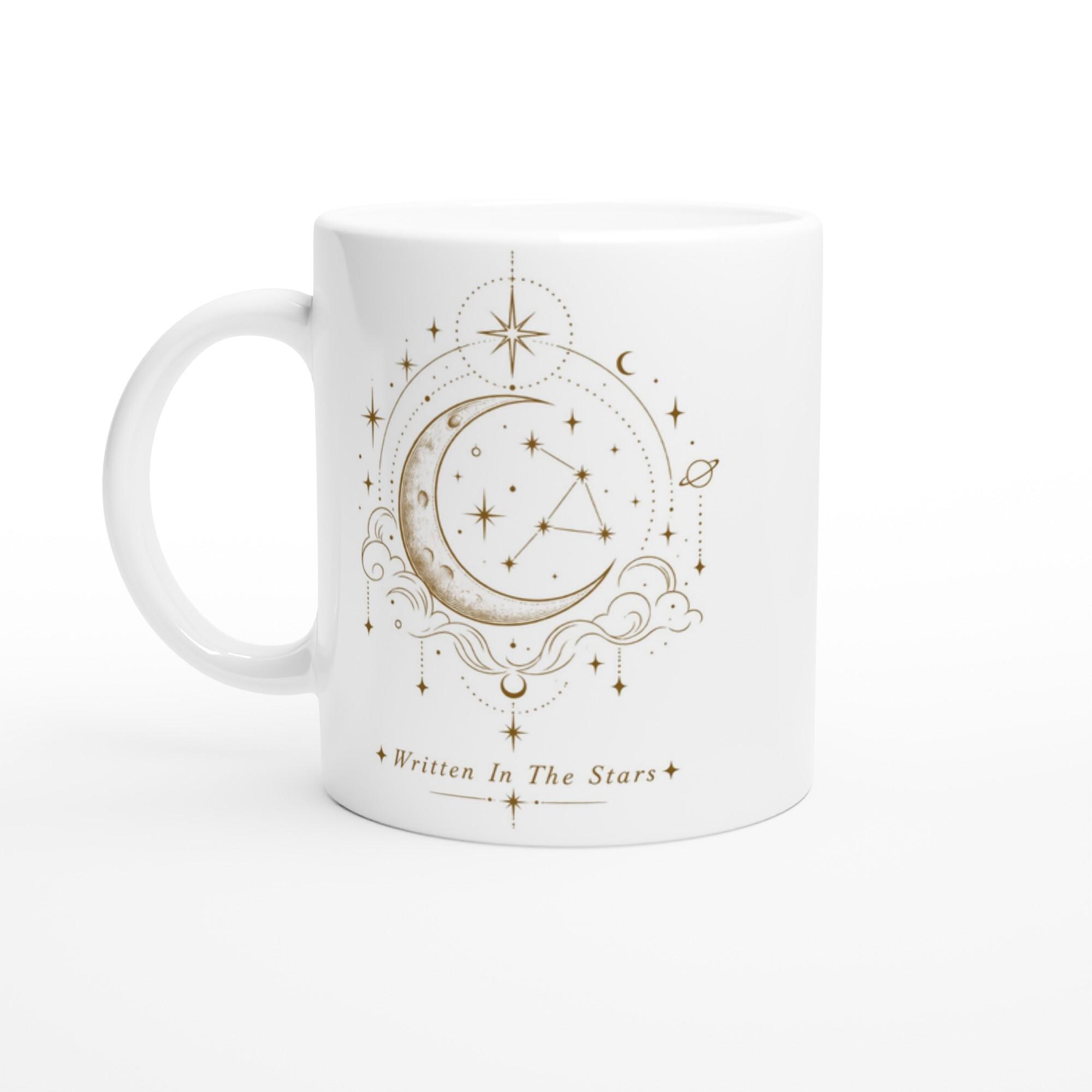 Written In The Stars Mug, Celestial Astrology Mug, Zodiac Coffee Cup, Minimalist Moon and Stars Mug, Gift for Her | Etsy product mockup