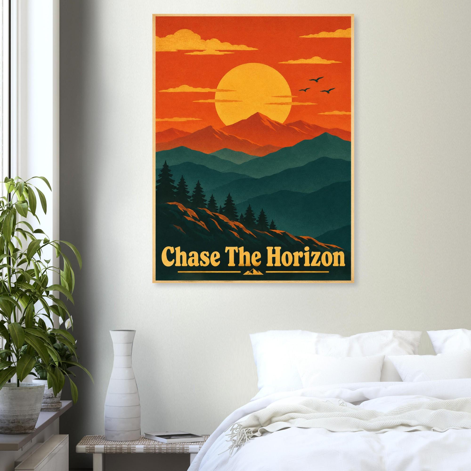 Chase The Horizon Retro Sunset Poster, Mountain Wall Art, Vintage Travel Print, Minimalist Landscape Poster, Inspirational Wall Decor | Etsy product mockup