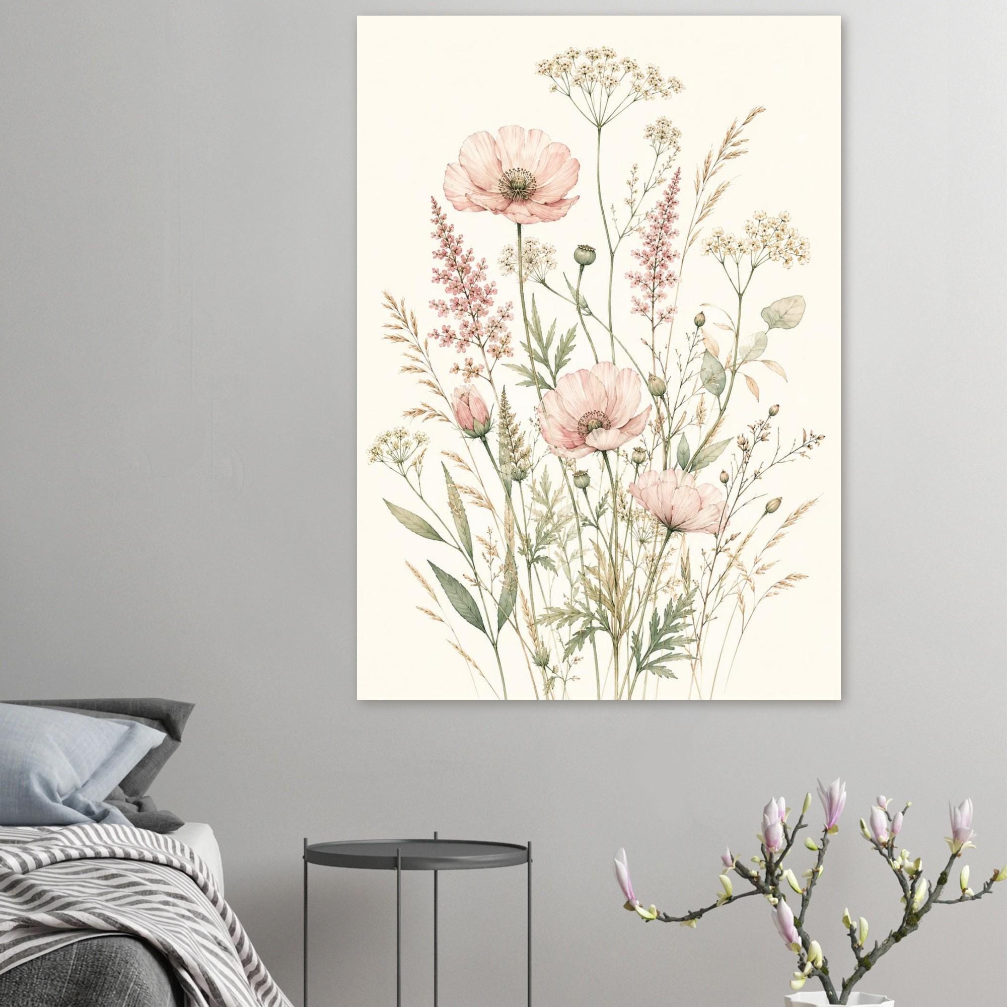 Wildflower Botanical Poster, Pastel Watercolor Wall Art, Sage Green Floral Print, Boho Nursery Decor, Minimalist Flower Wall Art | Etsy product mockup