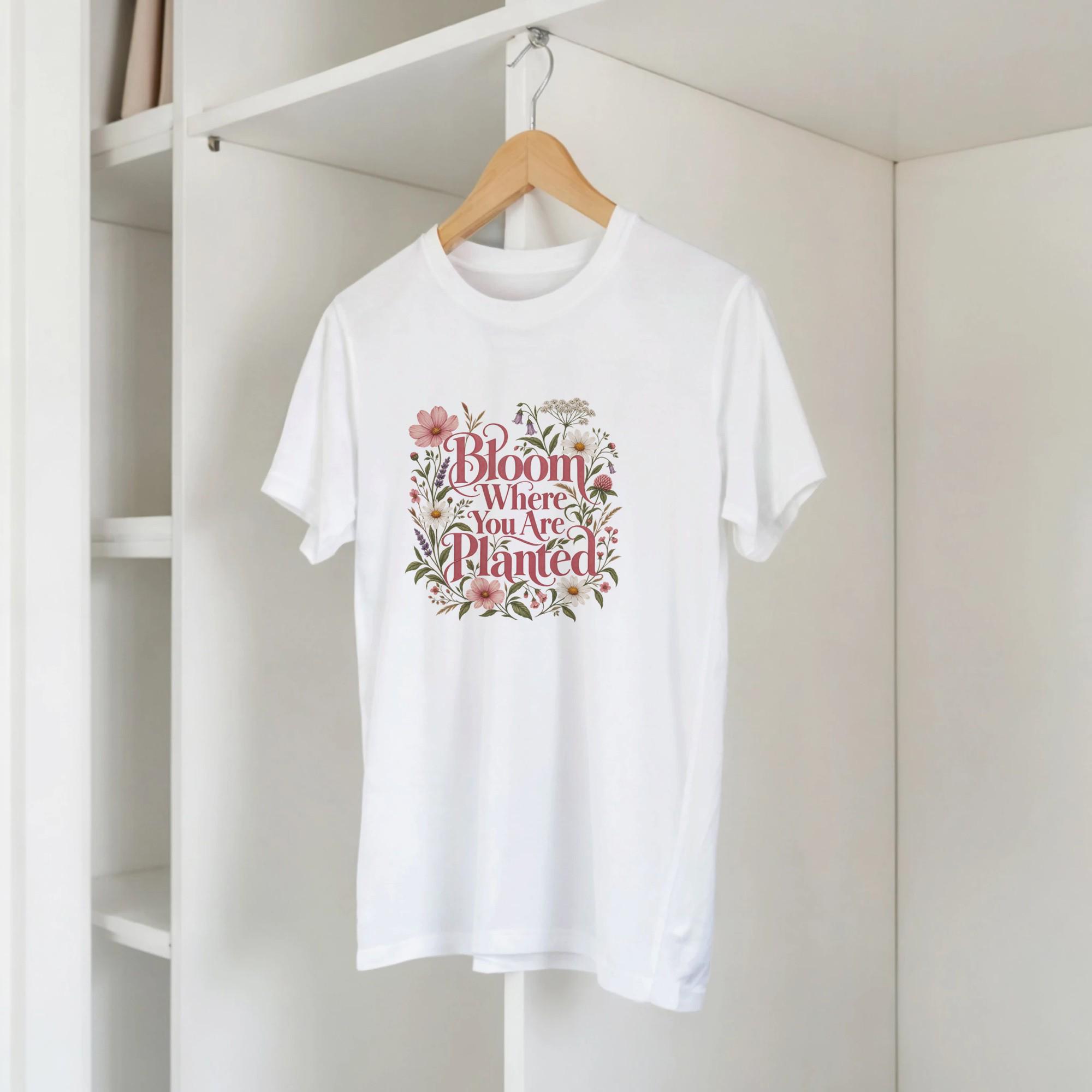 Bloom Where You Are Planted Shirt, Floral Typography Tee, Women's Motivational T-Shirt, Self Love Shirt, Wildflower Graphic Tee | Etsy product mockup