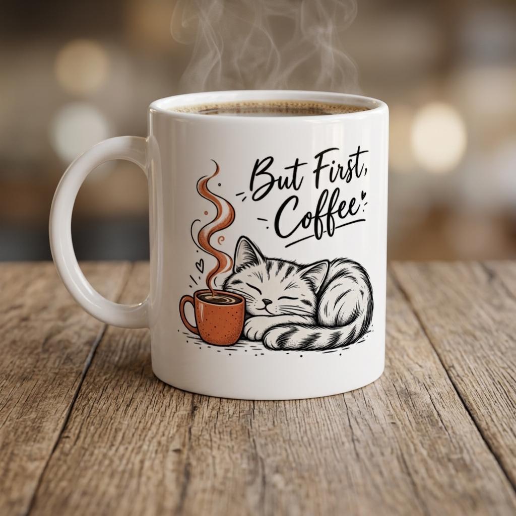 But First Coffee Mug, Cute Sleepy Cat Mug, Funny Coffee Lover Gift, Cat Lover Mug Minimalist Line Art Mug, Cute Cat Coffee Cup, Gift for Her | Etsy product mockup