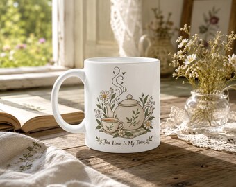 Mug « L'heure du thé, c'est mon moment », Mug à café pour les amateurs de thé, Mug théière style cottage, Tasse à thé esthétique et chaleureuse, Mug minimaliste pour un cadeau autour du thé