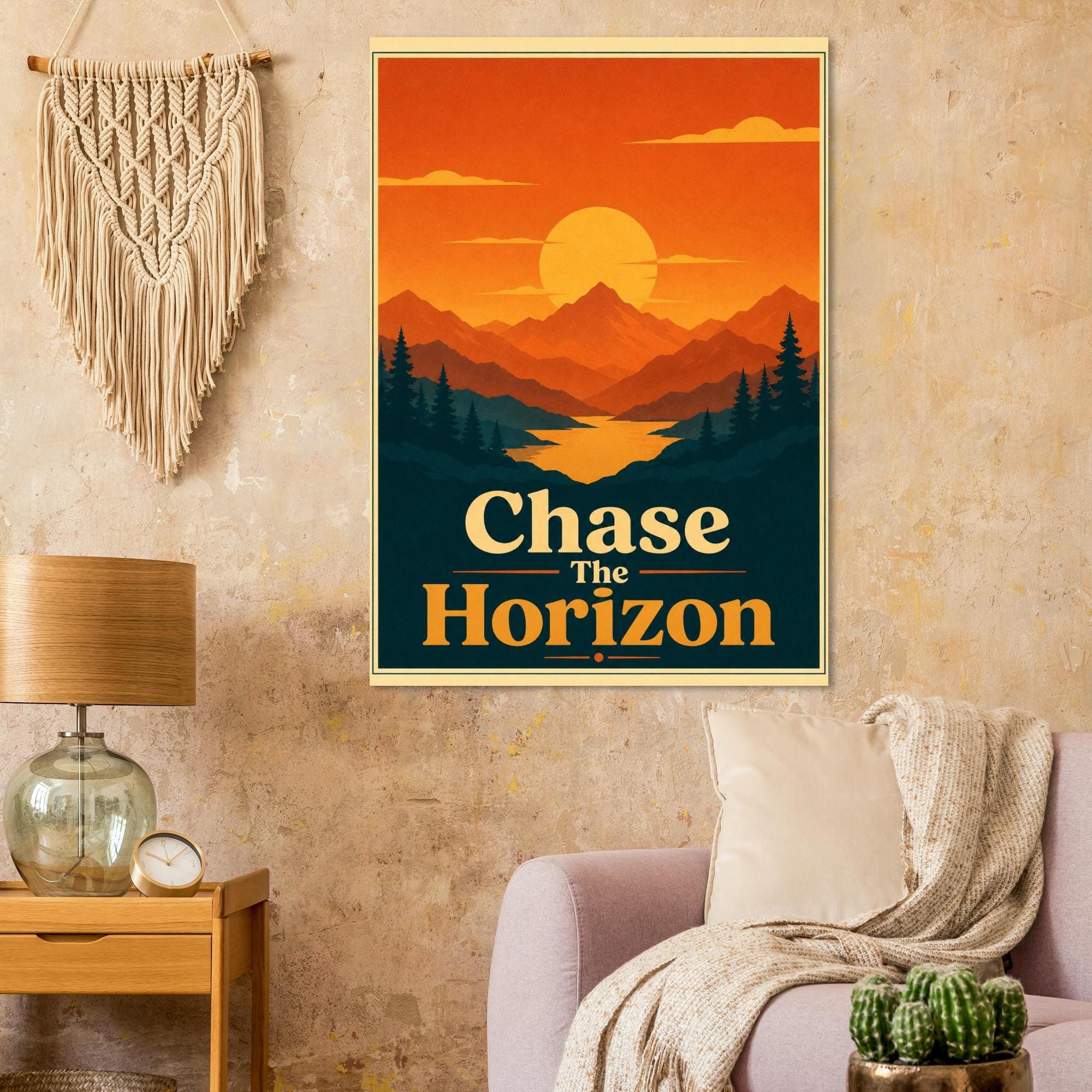 Chase The Horizon Retro Sunset Poster, Mountain Wall Art, Vintage Travel Print, Minimalist Landscape Poster, Inspirational Wall Decor | Etsy product mockup