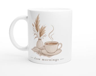 Mug « Matinées Douces », Mug à Café Minimaliste, Tasse à Café Bohème Neutre, Mug Cottagecore Confortable, Mug Cadeau Calme et Esthétique