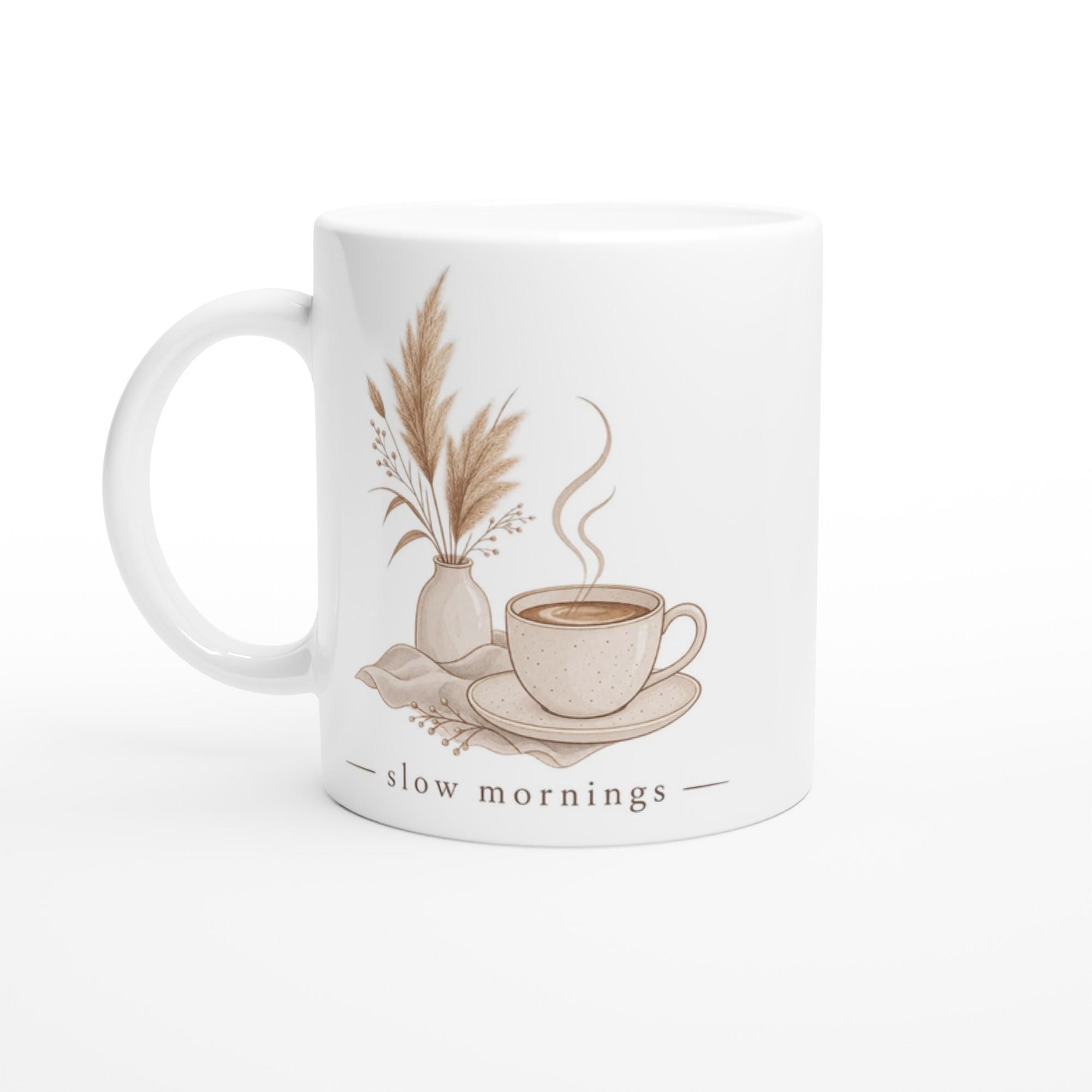 Slow Mornings Mug, Minimalist Aesthetic Coffee Mug, Boho Neutral Coffee Cup, Cozy Cottagecore Mug, Calm Aesthetic Gift Mug | Etsy product mockup