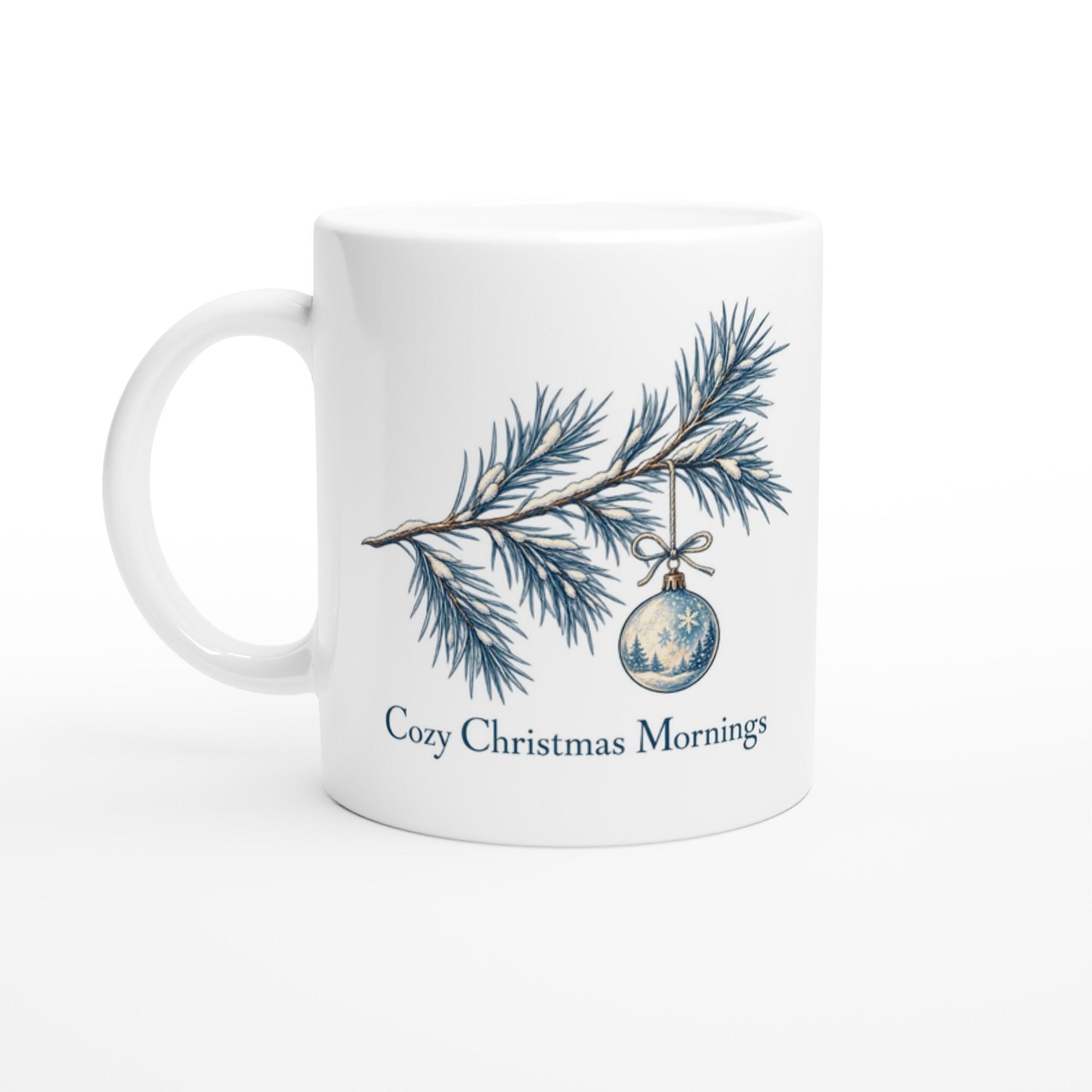 Cozy Christmas Mornings Mug featuring Minimalist Pine and Glacial Blue Design | Etsy product mockup
