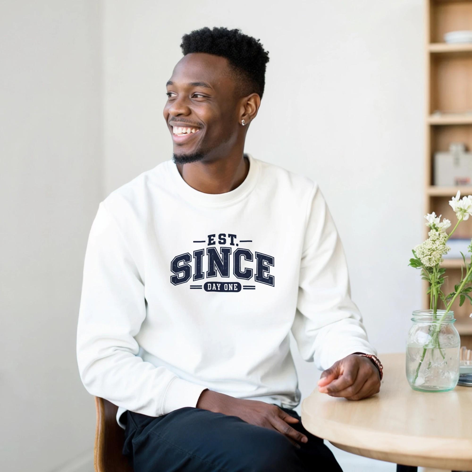 Est Since Day One Sweatshirt, Vintage Varsity Crewneck, Men's Cozy Sweatshirt, Collegiate Style Pullover, Retro Typography Sweater | Etsy product mockup