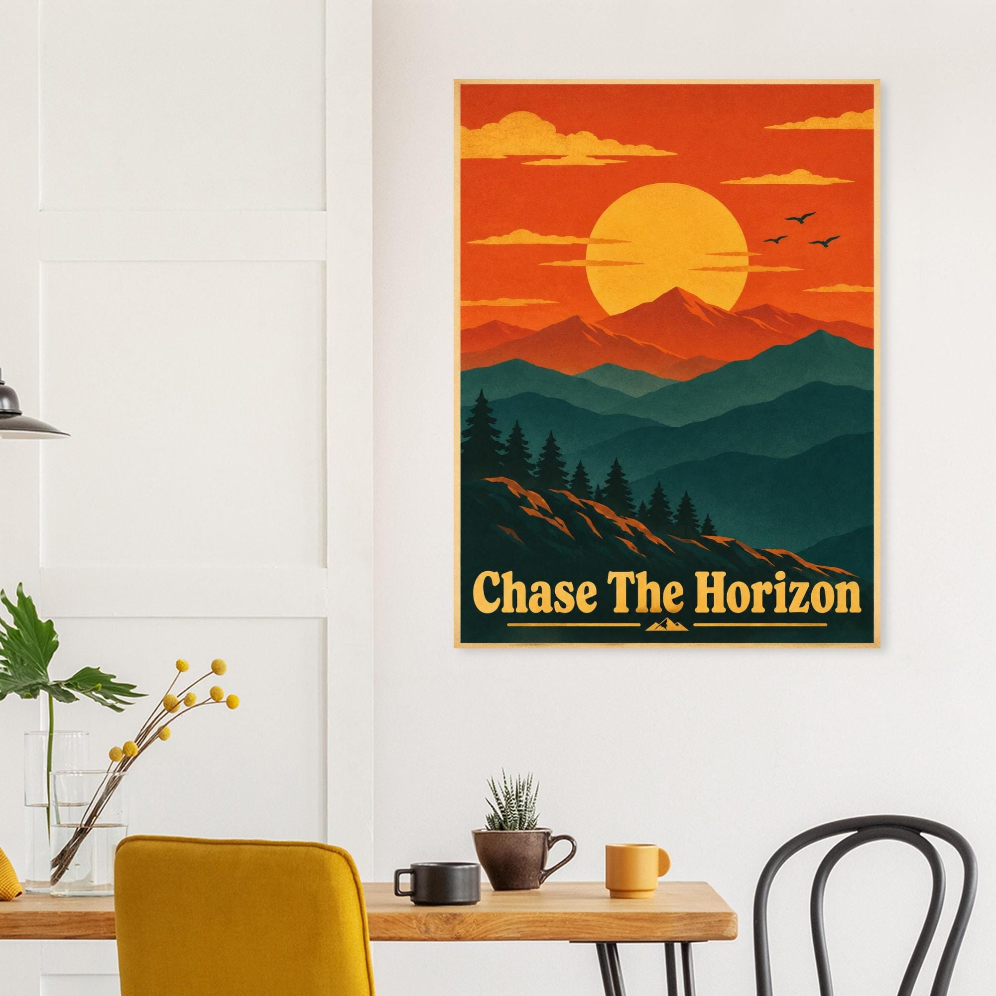 Chase The Horizon Retro Sunset Poster, Mountain Wall Art, Vintage Travel Print, Minimalist Landscape Poster, Inspirational Wall Decor | Etsy product mockup