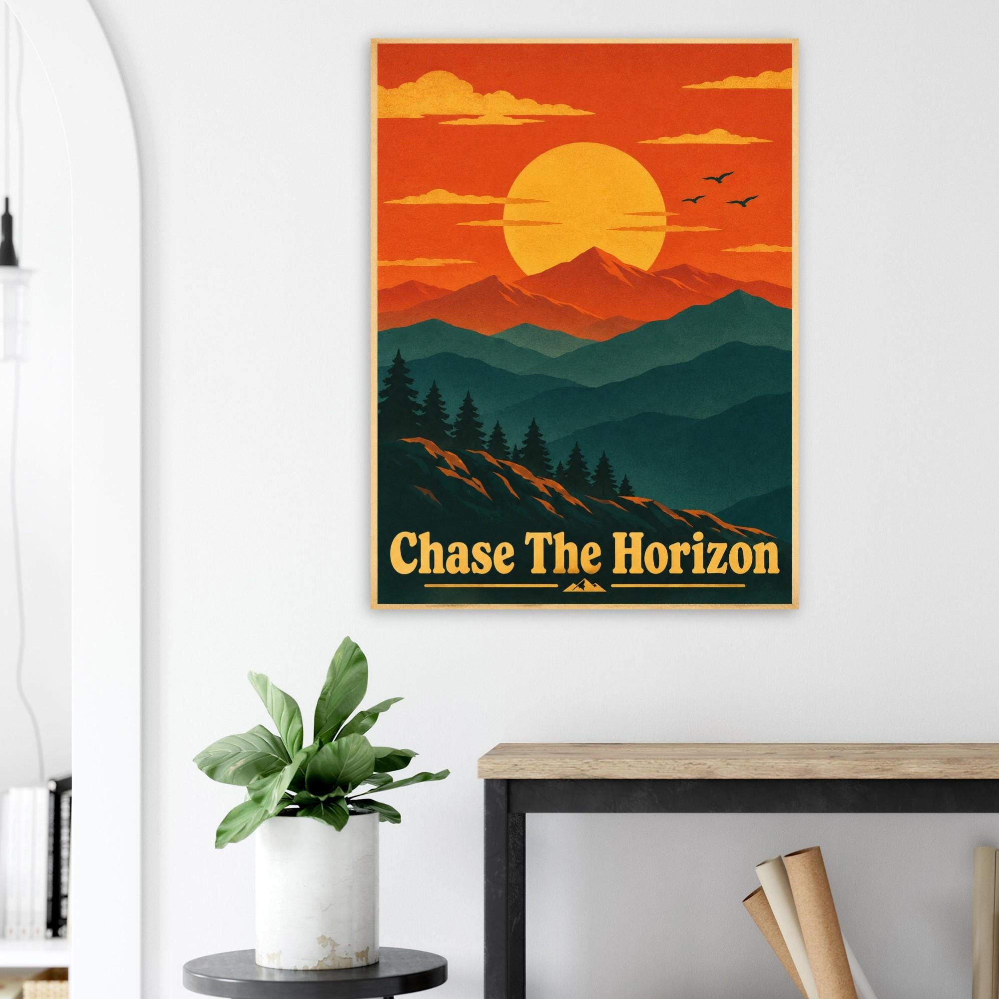 Chase The Horizon Retro Sunset Poster, Mountain Wall Art, Vintage Travel Print, Minimalist Landscape Poster, Inspirational Wall Decor | Etsy product mockup