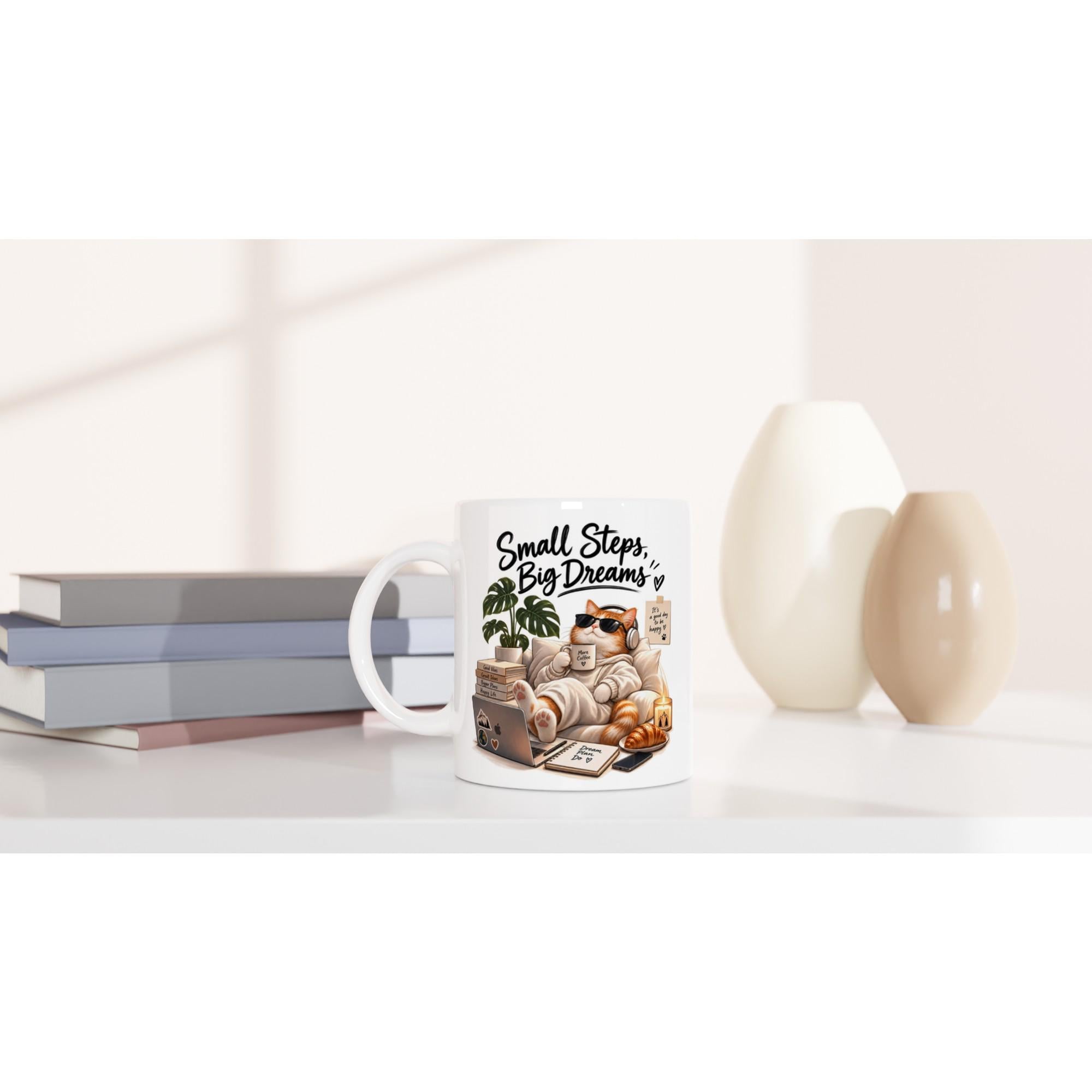 Small Steps Big Dreams Mug, Cozy Cat Coffee Mug, Motivational Cat Lover Gift, Cute Cat Illustration Mug, Work From Home Mug | Etsy product mockup