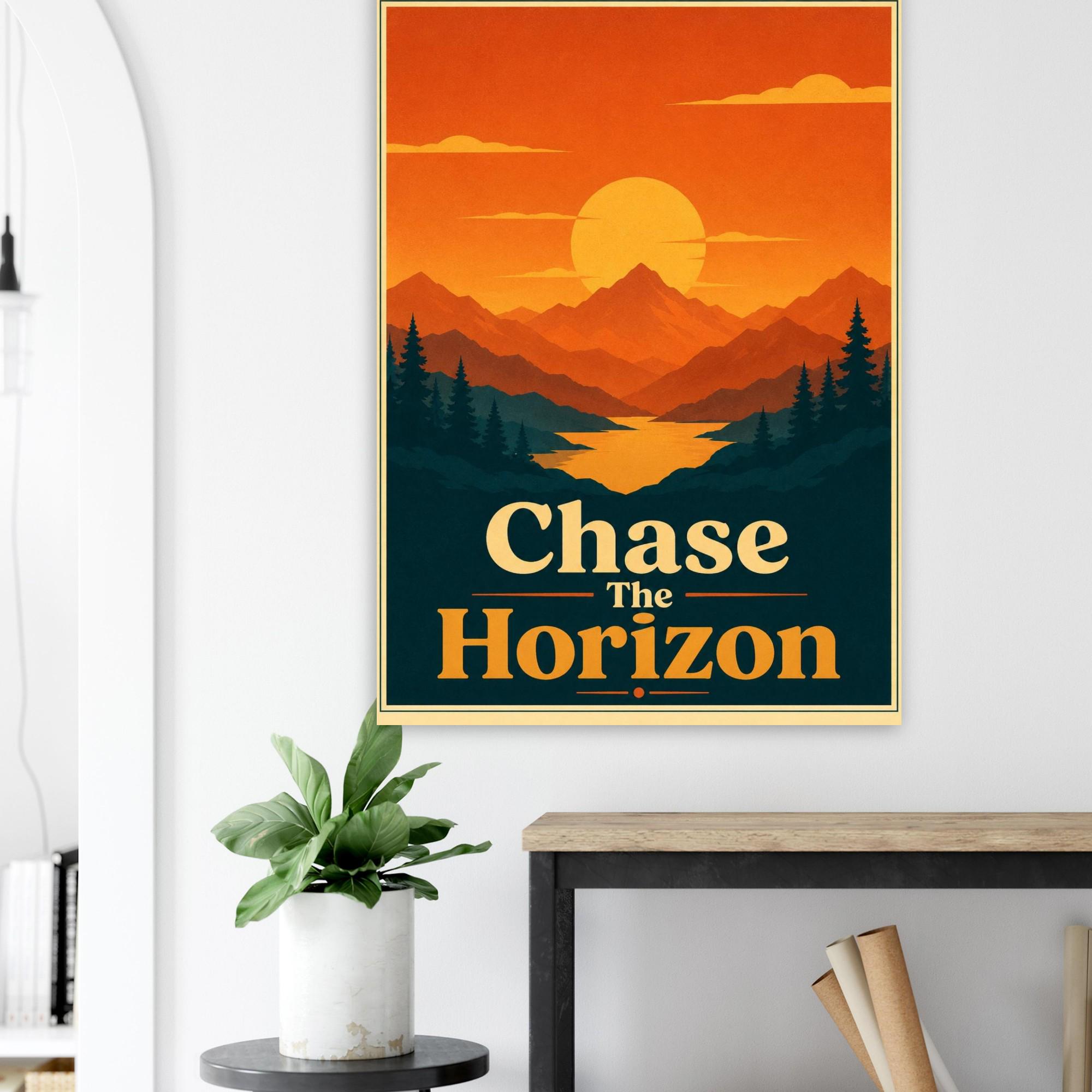 Chase The Horizon Retro Sunset Poster, Mountain Wall Art, Vintage Travel Print, Minimalist Landscape Poster, Inspirational Wall Decor | Etsy product mockup