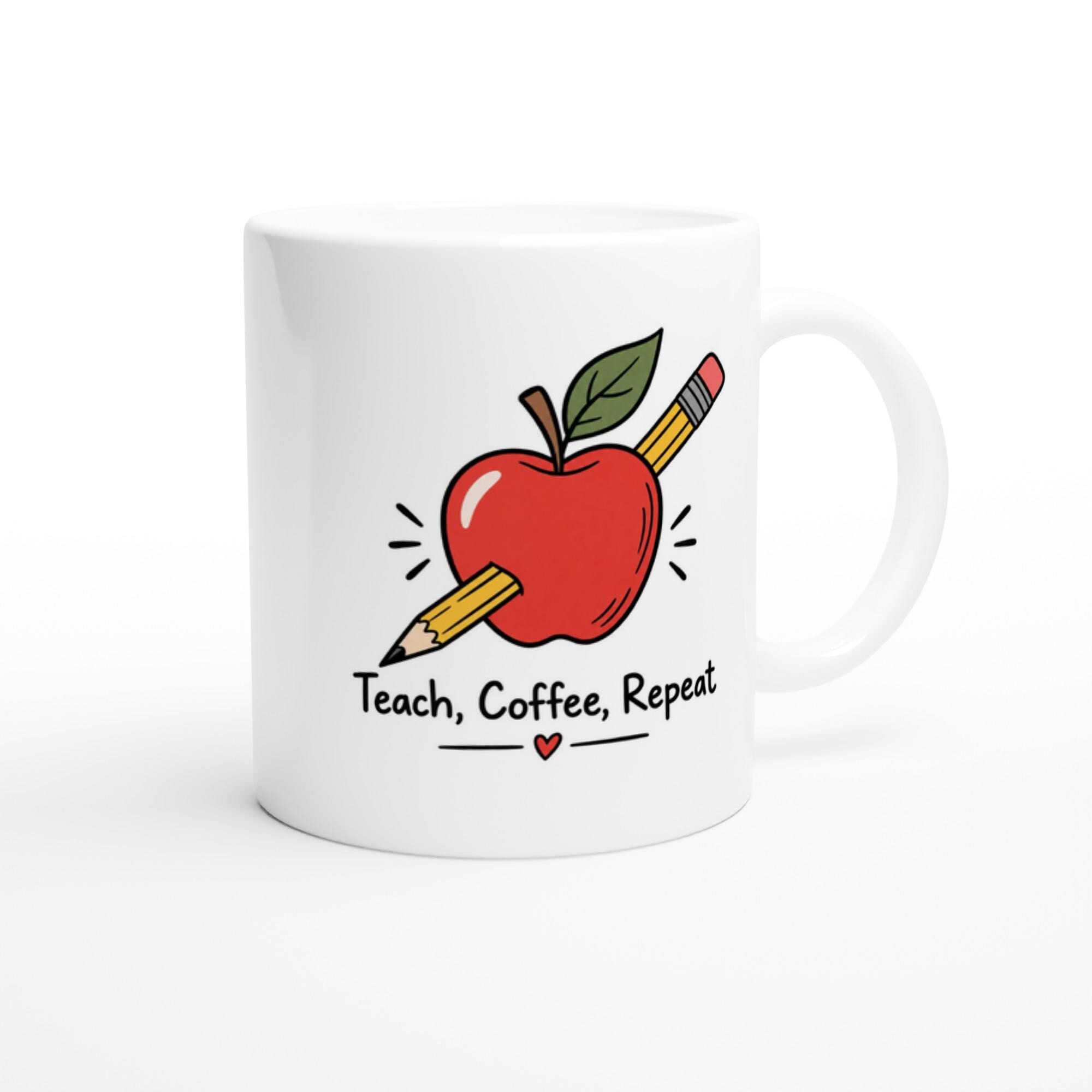 Teach Coffee Repeat Mug, Teacher Coffee Mug Gift, Cute Teacher Appreciation Mug, Minimalist Apple Mug, Teacher Gift Coffee Cup | Etsy product mockup