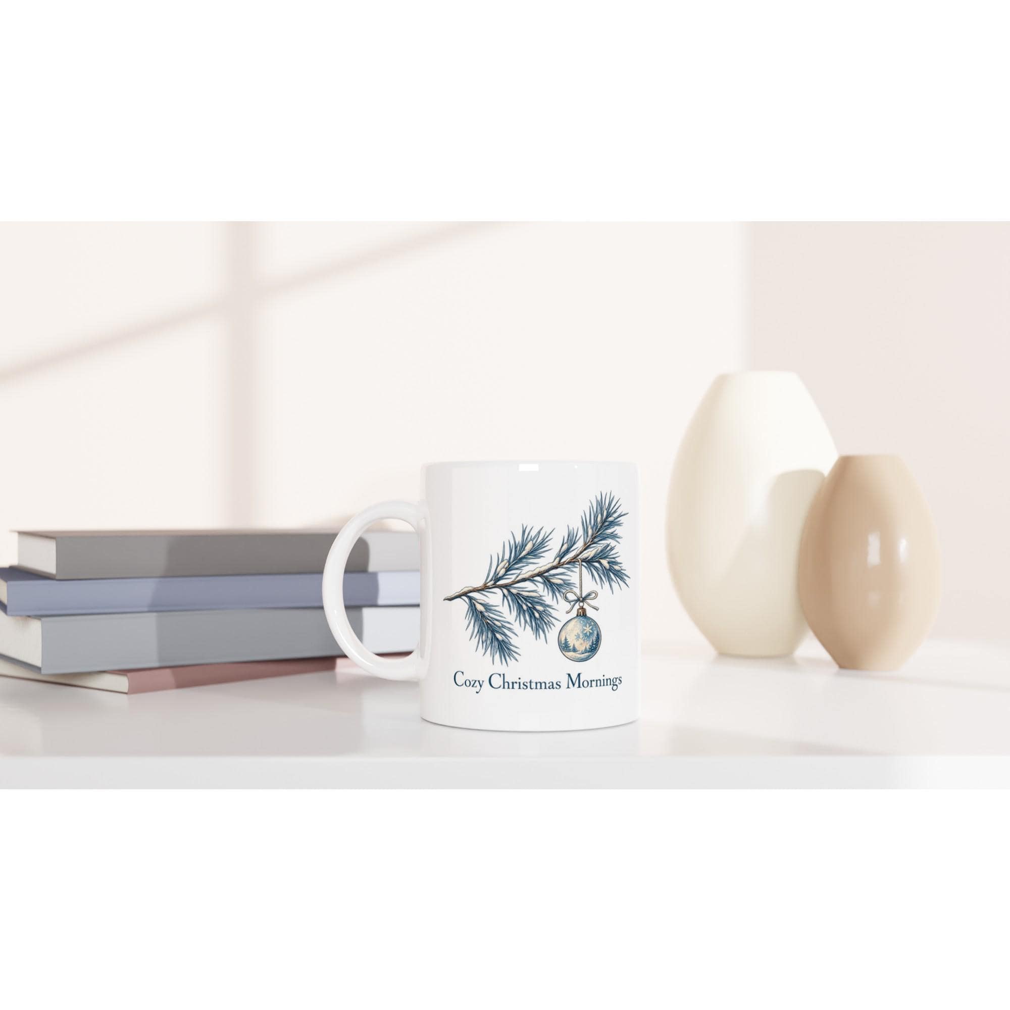 Cozy Christmas Mornings Mug featuring Minimalist Pine and Glacial Blue Design | Etsy product mockup