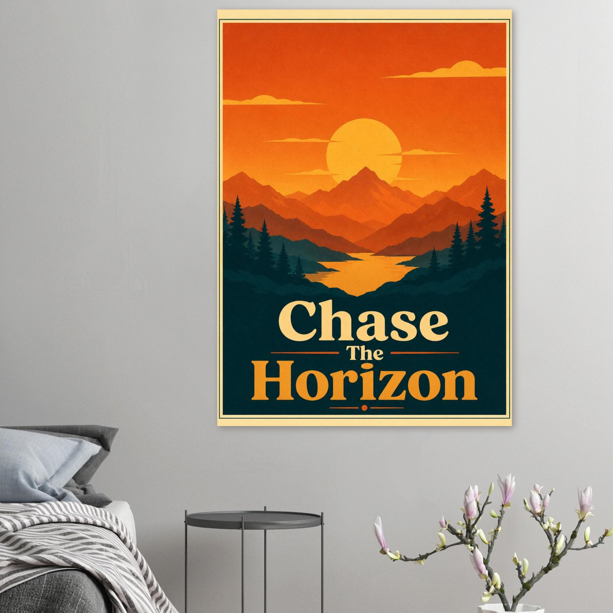 Chase The Horizon Retro Sunset Poster, Mountain Wall Art, Vintage Travel Print, Minimalist Landscape Poster, Inspirational Wall Decor | Etsy product mockup