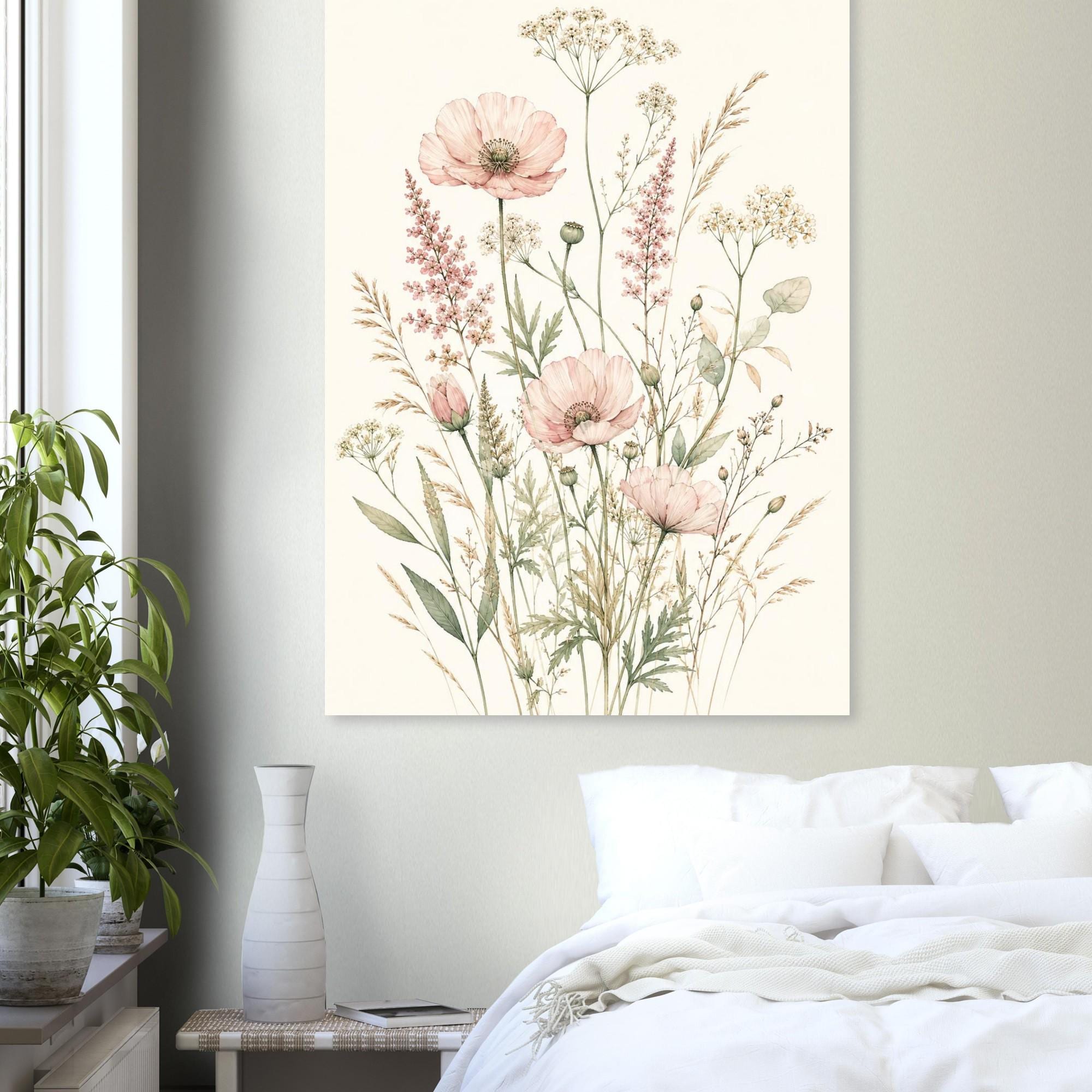 Wildflower Botanical Poster, Pastel Watercolor Wall Art, Sage Green Floral Print, Boho Nursery Decor, Minimalist Flower Wall Art | Etsy product mockup