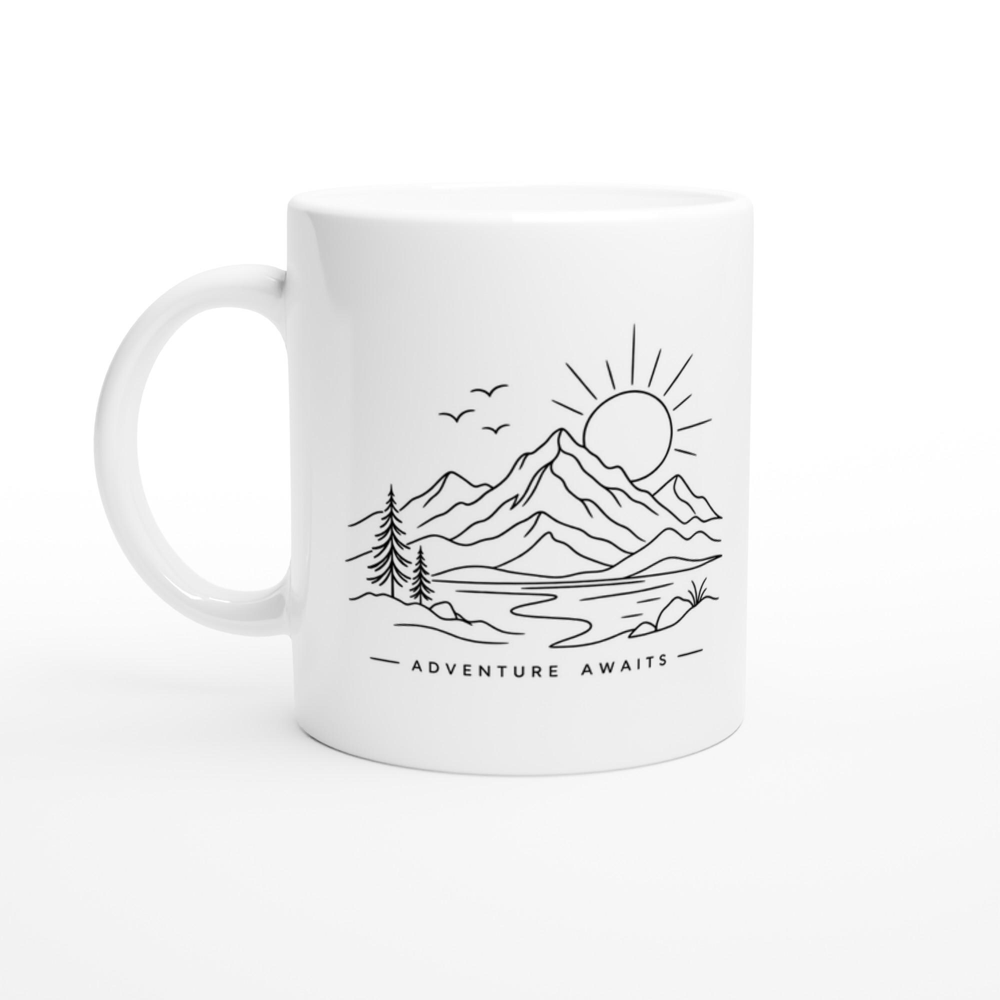 Adventure Awaits Mountain Mug, Minimalist Outdoor Coffee Cup, Hiking Gift Mug, Nature Lover Mug, Line Art Mountain Design | Etsy product mockup