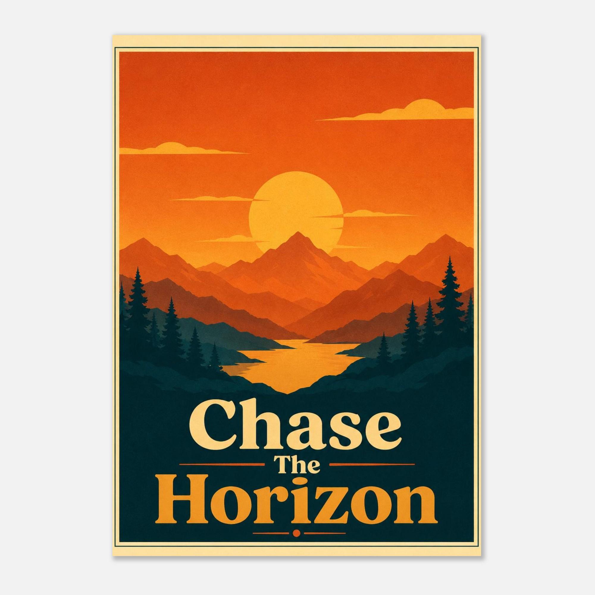 Chase The Horizon Retro Sunset Poster, Mountain Wall Art, Vintage Travel Print, Minimalist Landscape Poster, Inspirational Wall Decor | Etsy product mockup