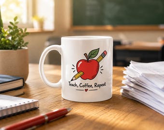 Mug « Teach Coffee Repeat », Mug cadeau pour enseignant, Mug mignon pour remercier un enseignant, Mug minimaliste pomme, Tasse à café cadeau pour enseignant