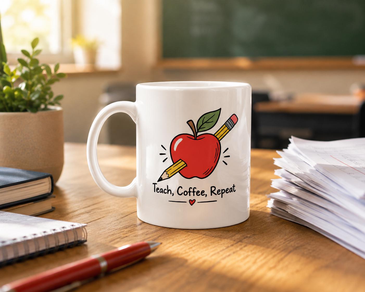 Teach Coffee Repeat Mug, Teacher Coffee Mug Gift, Cute Teacher Appreciation Mug, Minimalist Apple Mug, Teacher Gift Coffee Cup | Etsy product mockup
