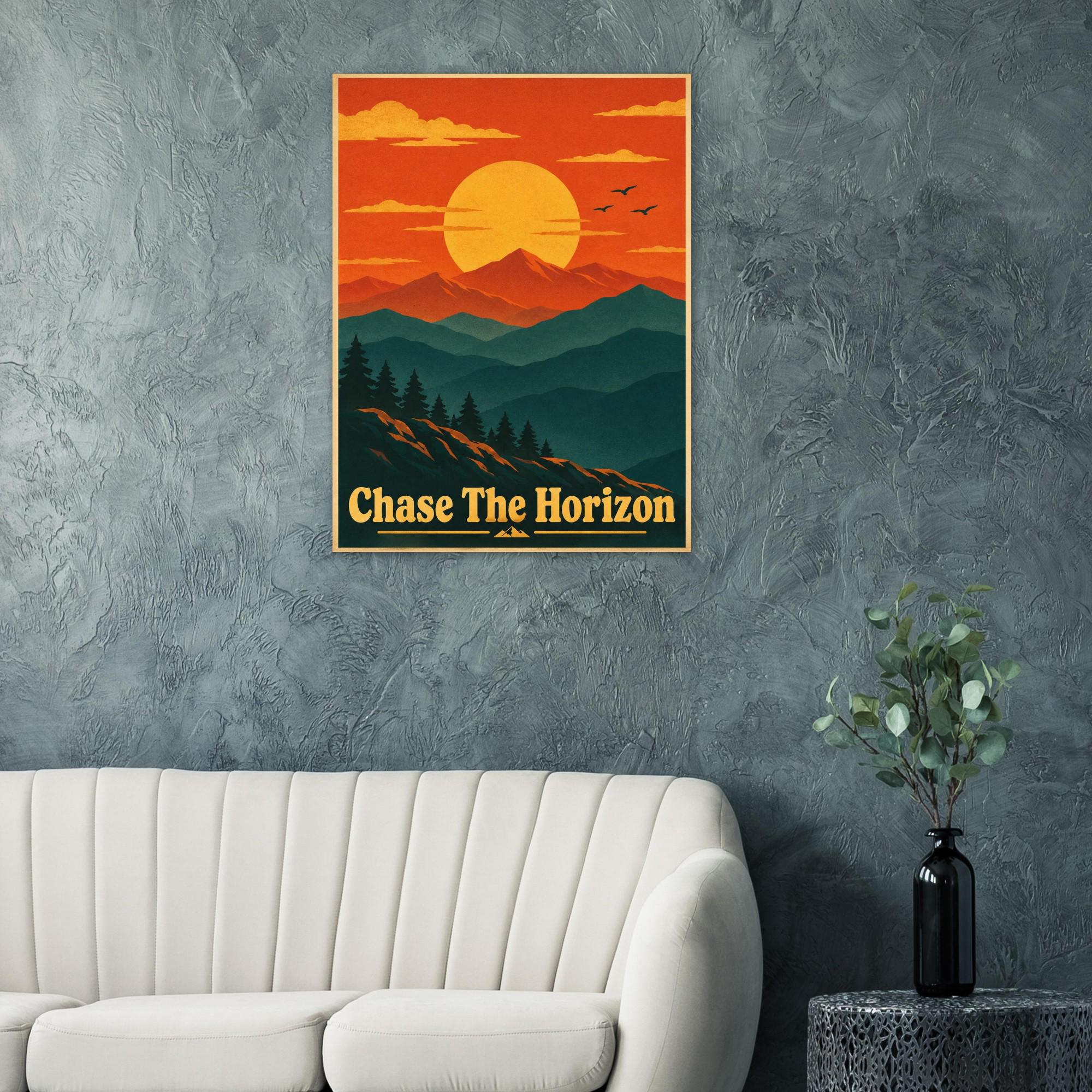 Chase The Horizon Retro Sunset Poster, Mountain Wall Art, Vintage Travel Print, Minimalist Landscape Poster, Inspirational Wall Decor | Etsy product mockup