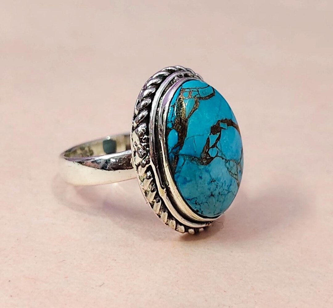 Handmade Kingman Turquoise Ring: Oval Sterling Silver Bohemian Jewelry ...