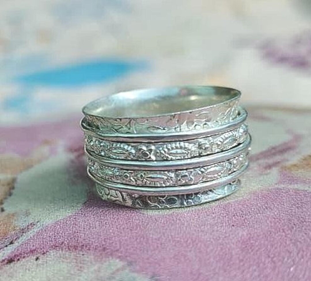 Sterling Silver Spinner Ring, Textured Boho Wide Band, Anxiety Relief ...