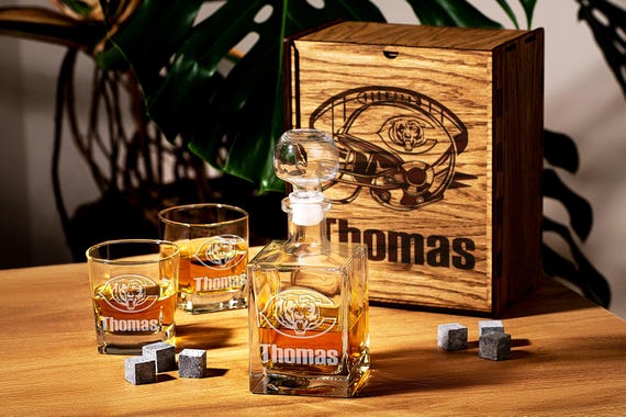 Personalized Football Decanter Set – Engraved Whiskey Glasses for Men Gifts