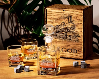 Personalized Whiskey Decanter Set  Glasses in Wooden Box, Vintage Locomotive Train gift
