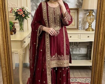 Pakistani Designer Sharara Kurti suit sets with dupatta for women, Wedding Wear Readymade Dresses, Red Salwar kameez suit 3pcs suit