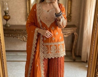 Conjunto de traje Sharara Kurti naranja de diseñador con dupatta para mujer, vestidos de novia listos para usar, trabajo bordado, ropa étnica de 3 piezas