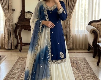Blue Designer Sharara Kurti Suit Set With Dupatta For Womens, Pakistani Dresses For festivals, Traditional Ready to wear